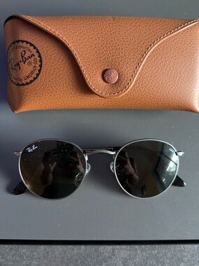 Ray-Ban Silver Frame Sunglasses with Black Lenses and Brown Case